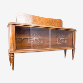 Buffet en bois de bruyère et verre des années 1950 vintage antiquités modernes