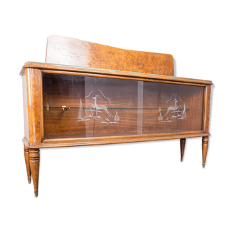 Buffet en bois de bruyère et verre des années 1950 vintage antiquités modernes