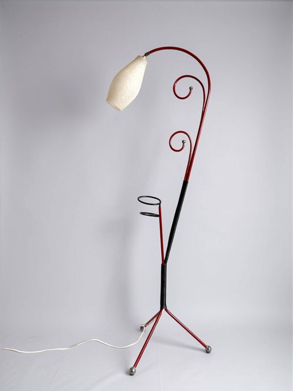 Lampadaire tripode 1950 rouge porte-plante   Opalin   Col de cygne