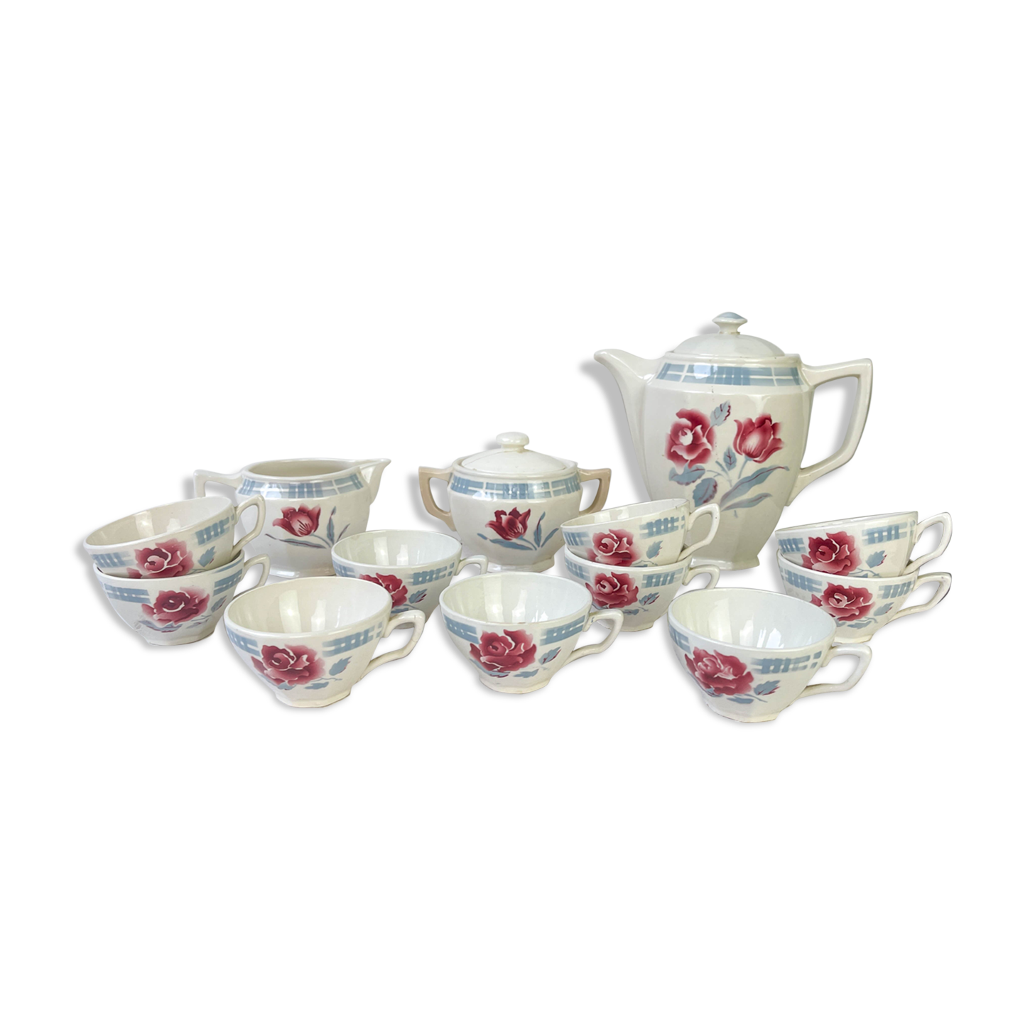 Vintage tea set in Sarreguemines flowered earthenware, "Troyes" model