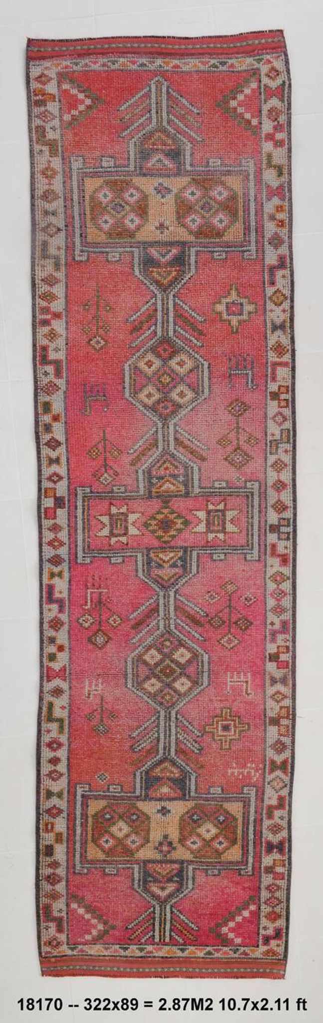 Shades Of Pink Beige Antique Vintage Runner Rug, 89x322Cm