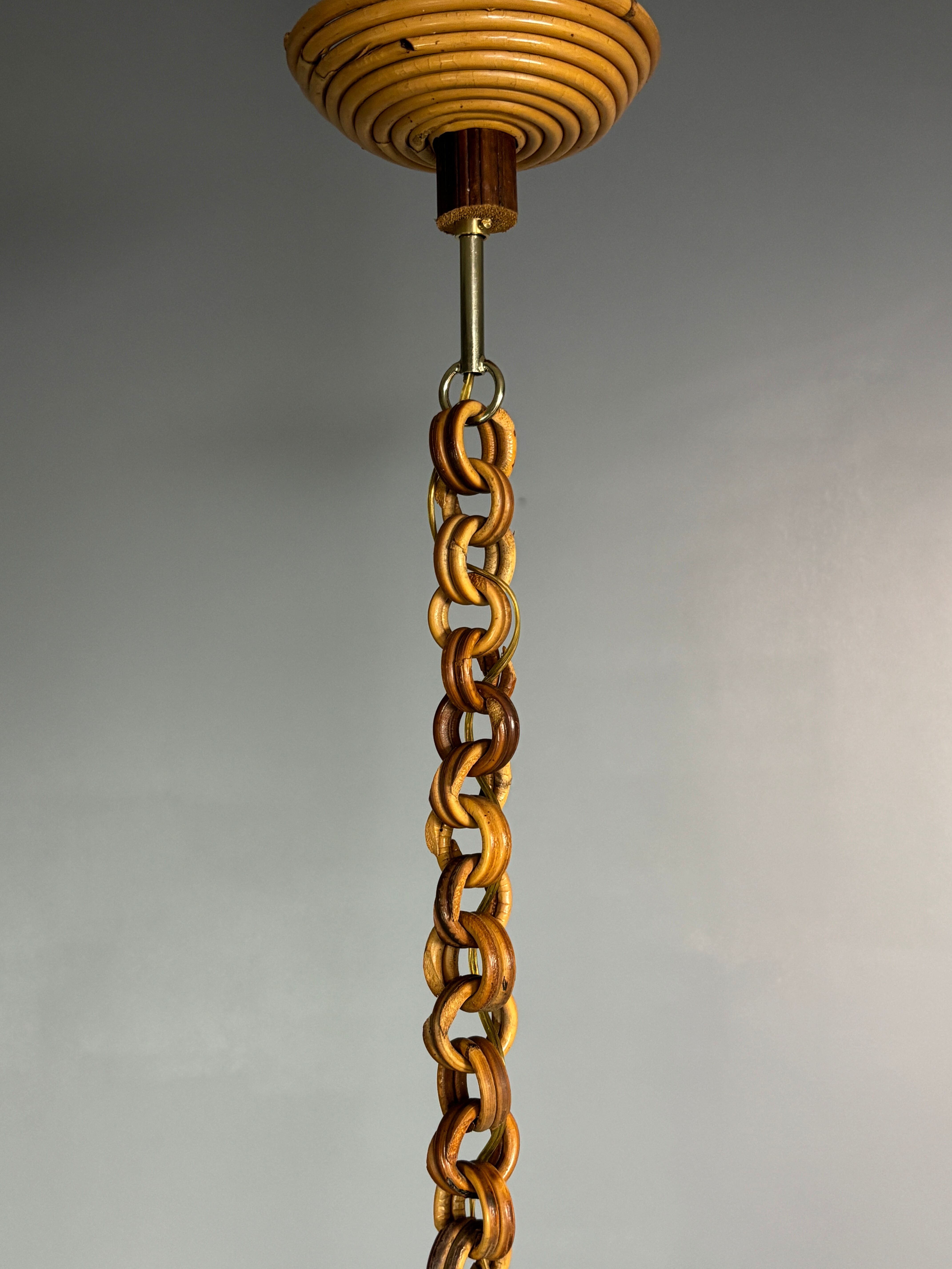 Midcentury Italian pencil reed rattan bamboo and brass hanging lamp pendant
