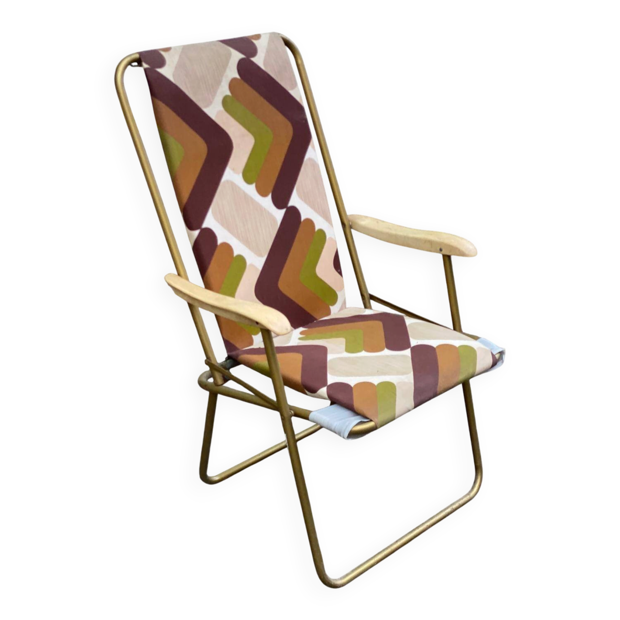Chaise longue fauteuil pliable Lafuma tissu et acier doré 1970