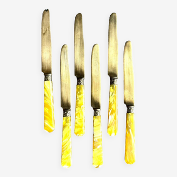 6 dessert knives in vermeil and yellow resin