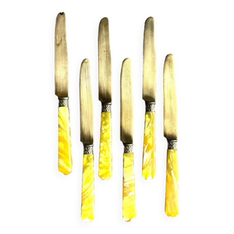 6 dessert knives in vermeil and yellow resin