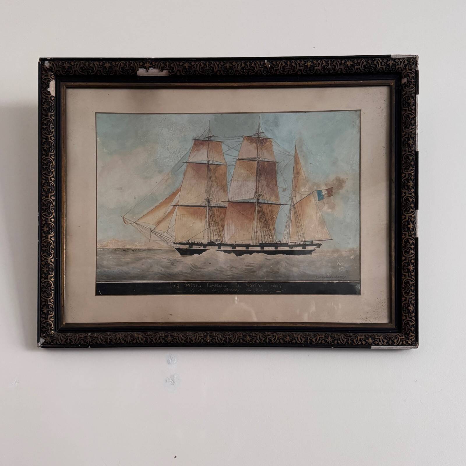Watercolor on paper of a three-masted French ship from the 19th century by Th. Cochard
