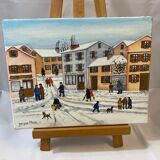Oil on naïve canvas by Jaques Hara: village street