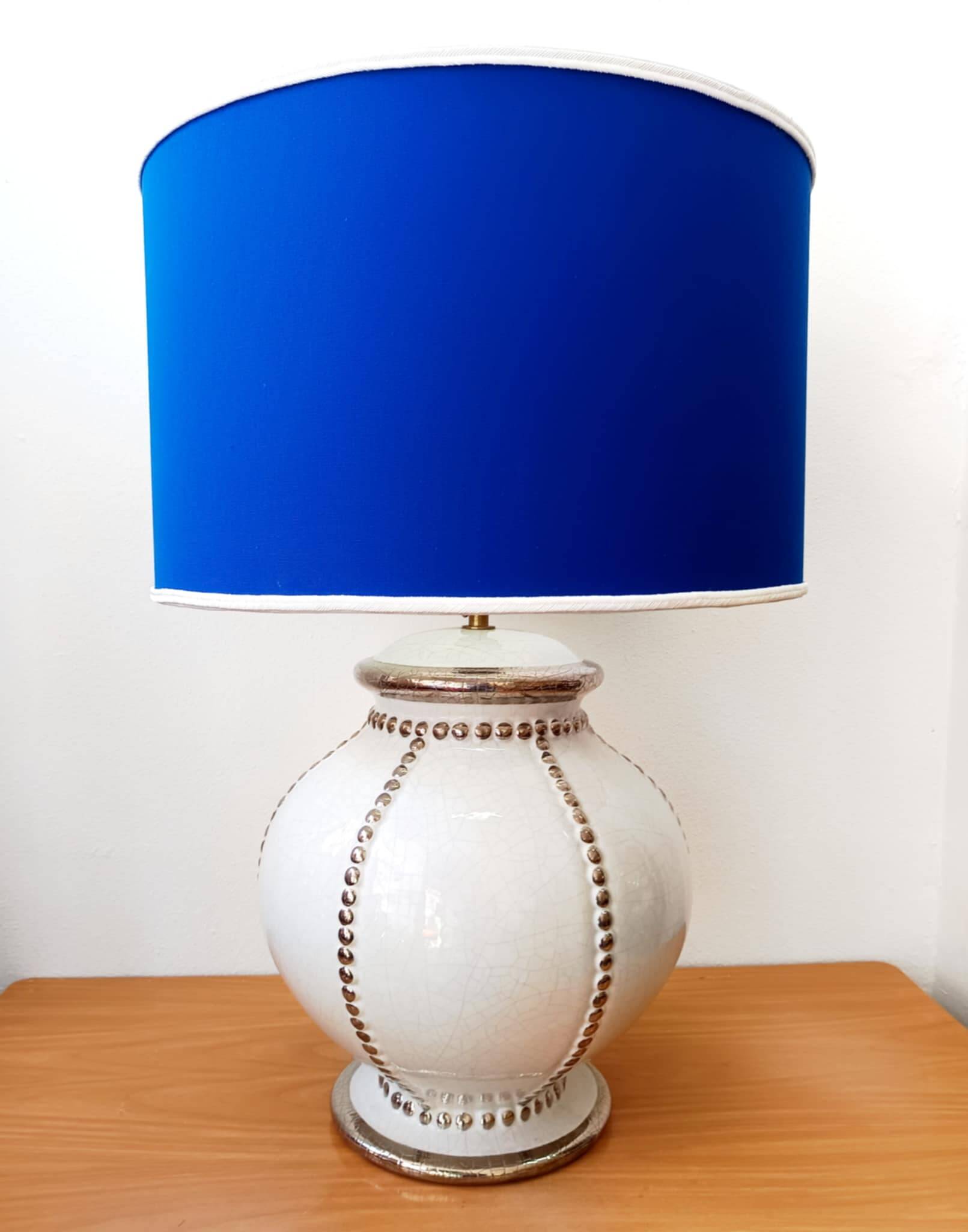 Longwy earthenware lamp and Klein blue lampshade