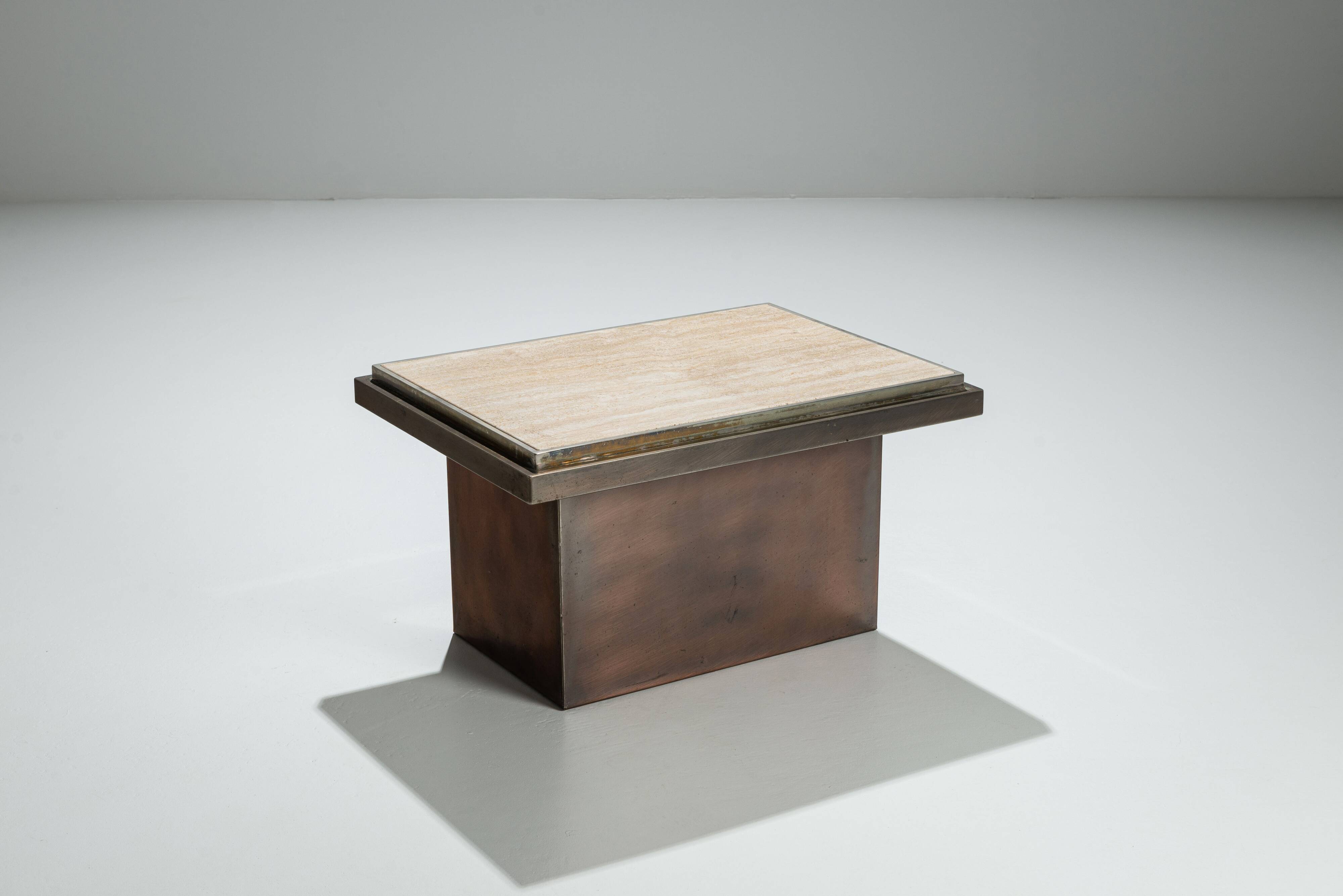 Belgochrom coffeetable in polished metal and travertin