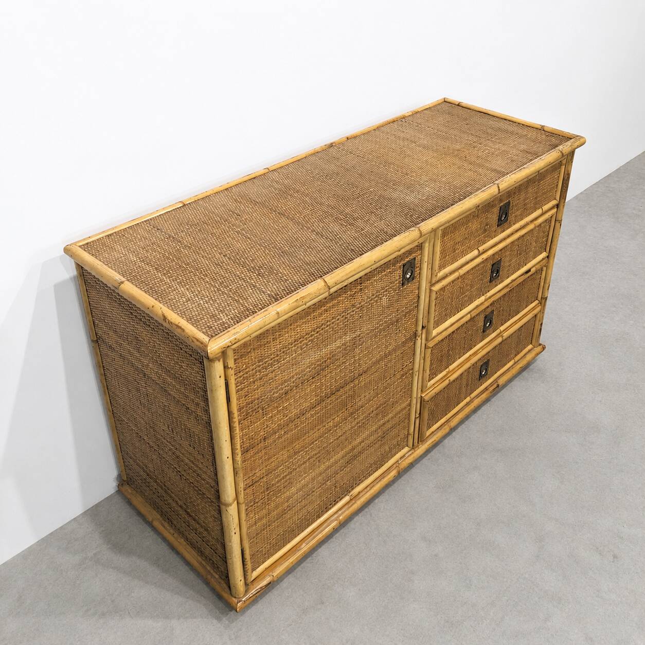 Vintage buffet in rattan and bamboo, Italy, circa 1970.