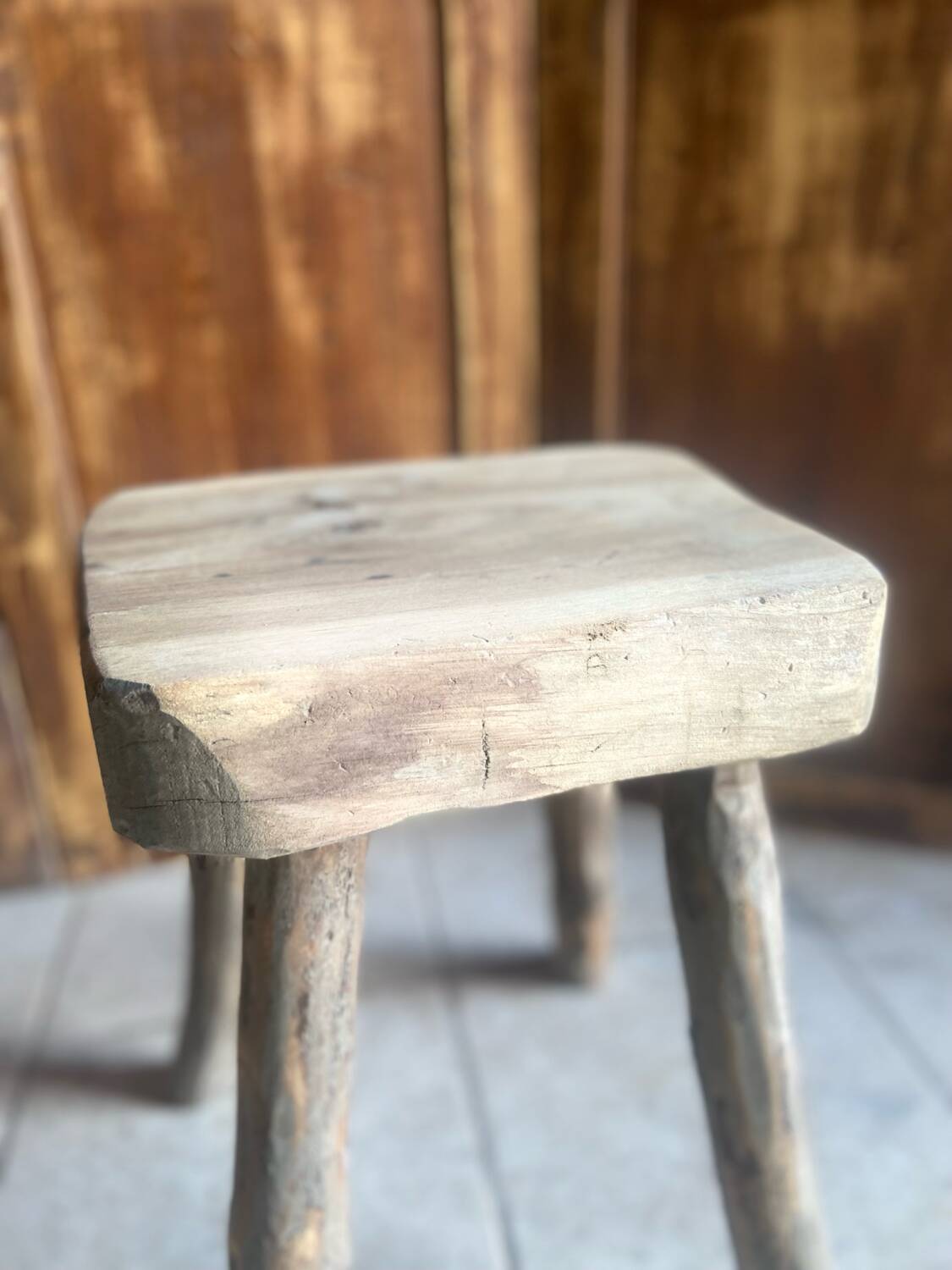 Antique brutalist stool in solid oak