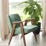 Vintage rustic oak armchair in green wool, 1960s