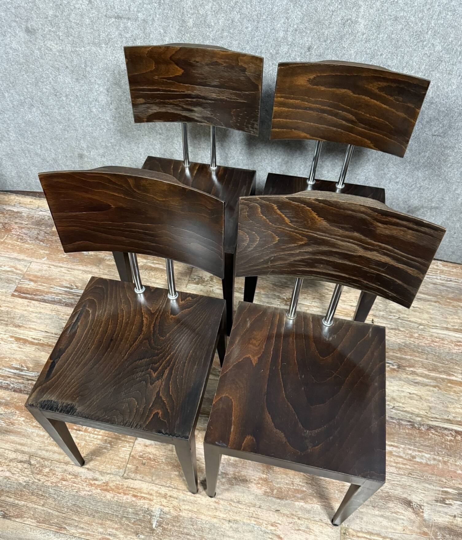 Set of four 1970's Design chairs in stained grained wood