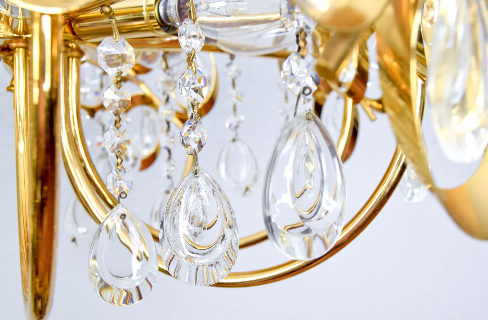 Mid century hollywood regency palwa gilt brass and crystal chandelier