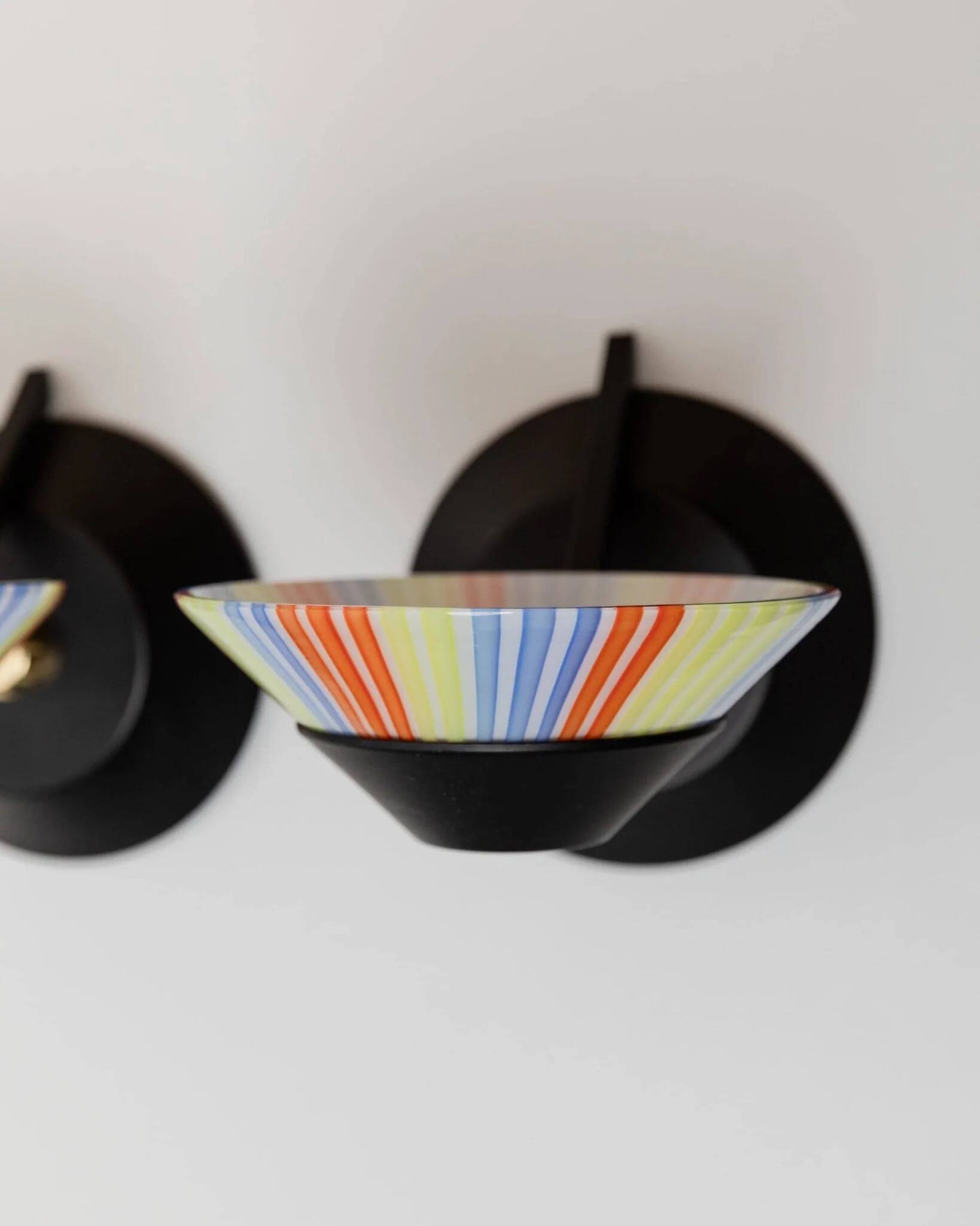 Set of 2 Vintage Murano Glass Wall Lamps with Multicolor Striped Shades and Matte Black Holders