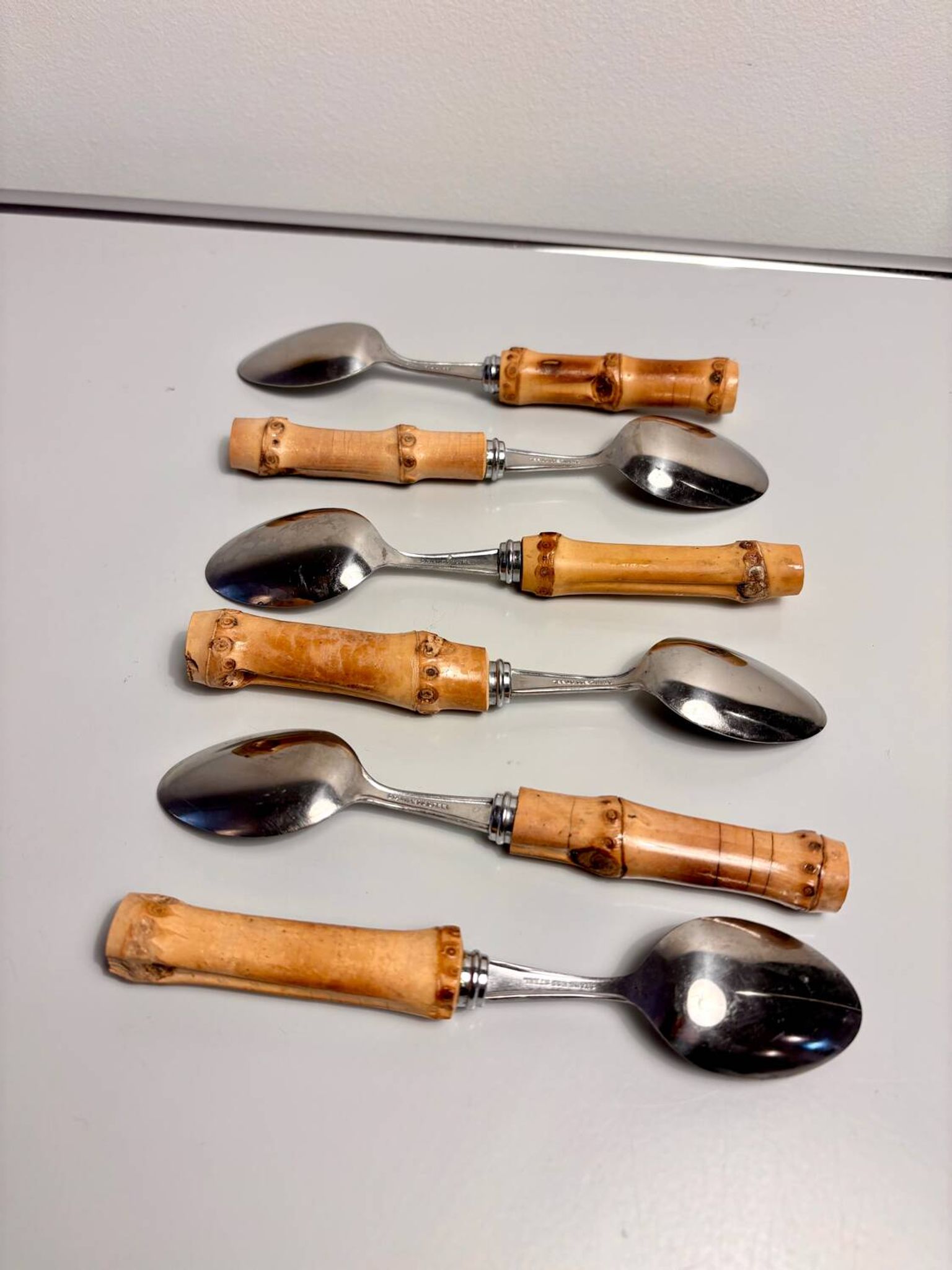 Lot de 6 cuillères à dessert vintage à manches bambou