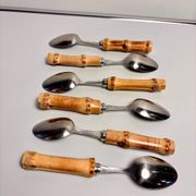 Lot de 6 cuillères à dessert vintage à manches bambou