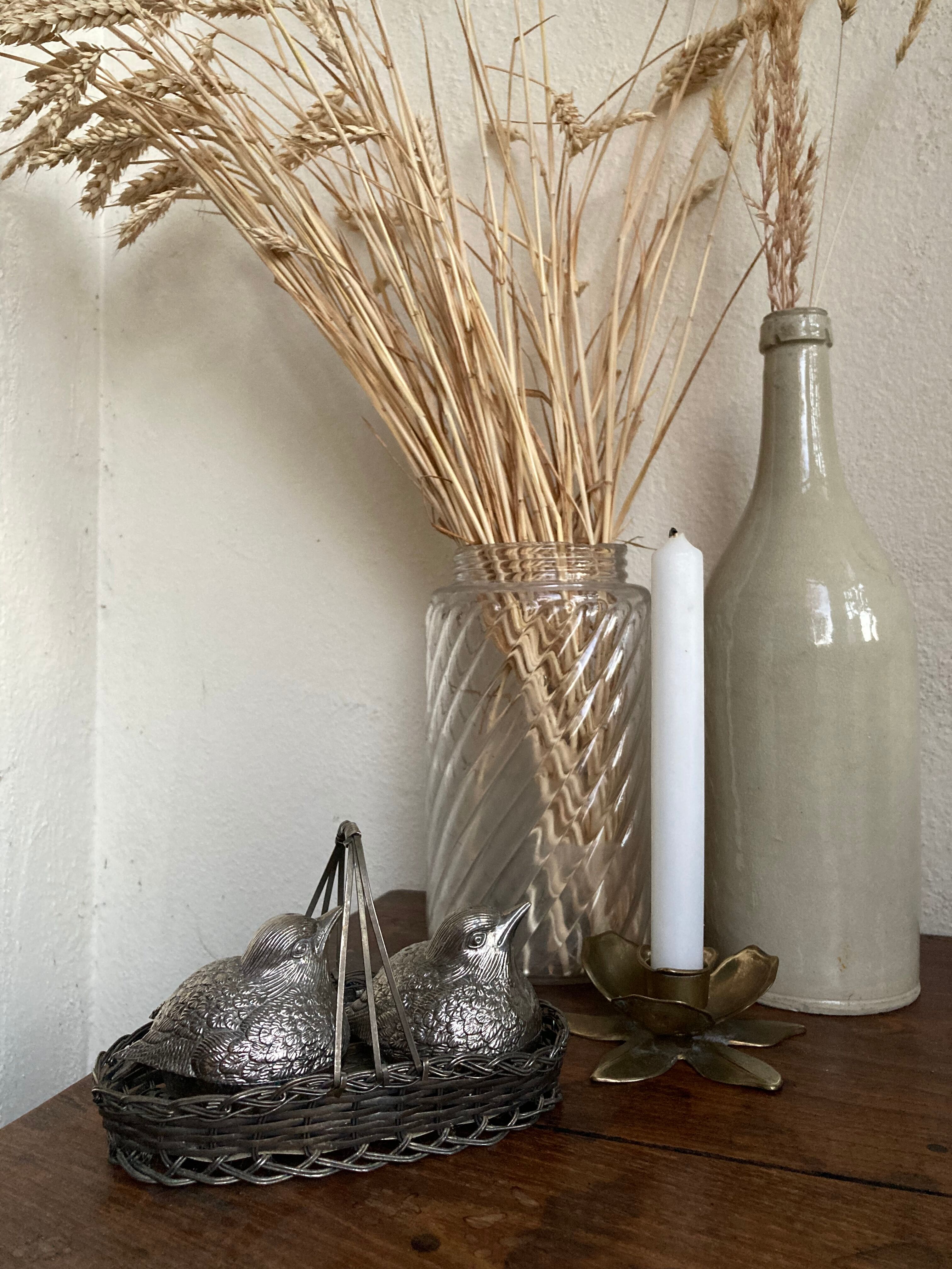 Duo of salt shaker and pepper in the shape of a bird in silver metal and its basket