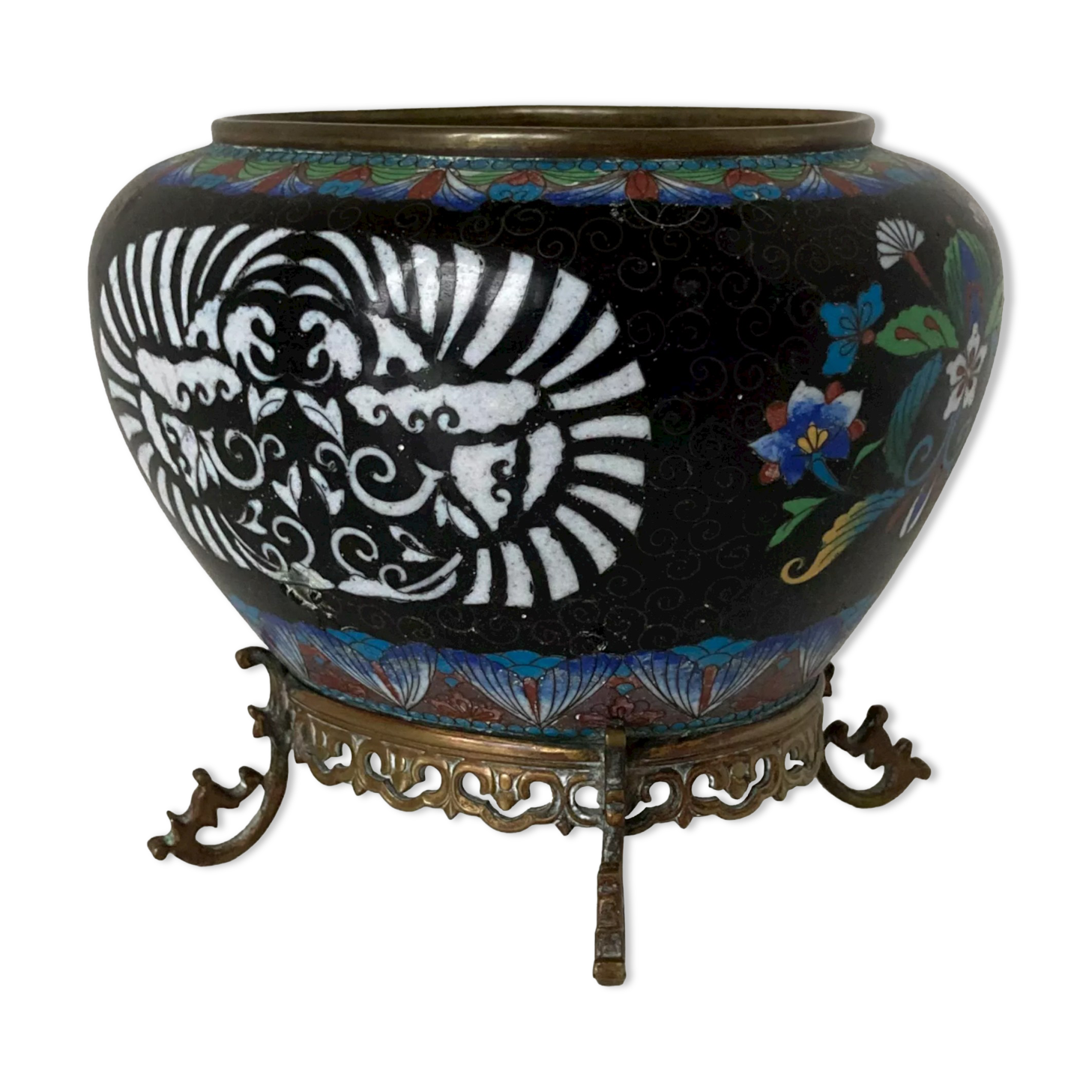 Beautiful planter in copper and polychrome cloisonné enamels Meiji period around 1900
