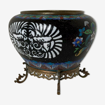 Beautiful planter in copper and polychrome cloisonné enamels Meiji period around 1900