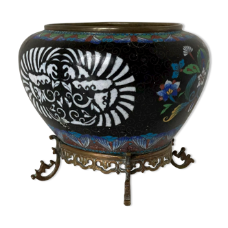 Jardinière en cuivre et émaux cloisonnés polychromes période Meiji vers 1900