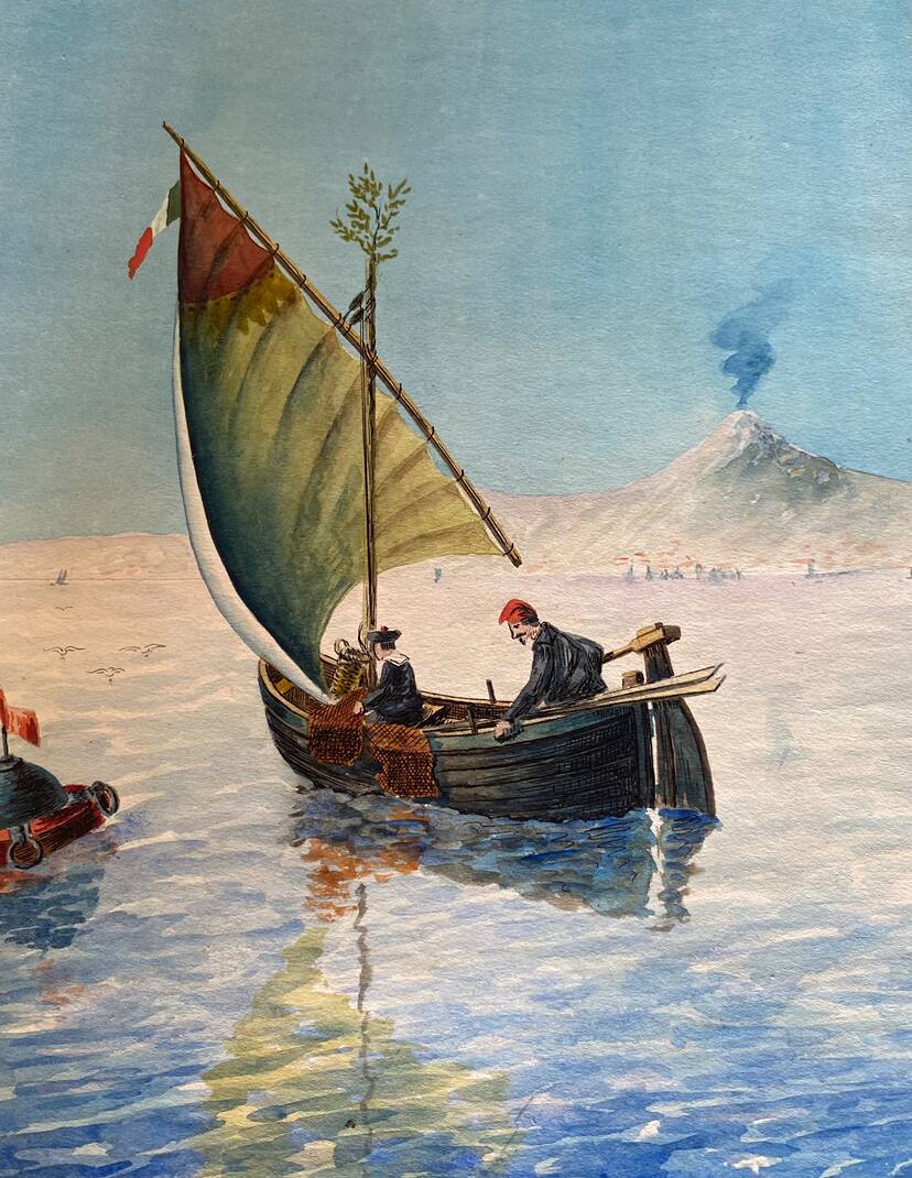 Illustration 1900, fishermen and the volcano