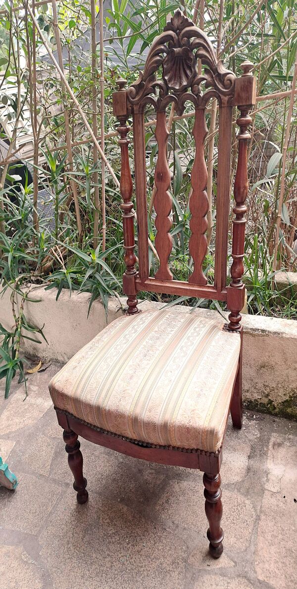 Chaise de Nourrice Napoléon III en  bois foncé vernissé assise tissu rayé 1