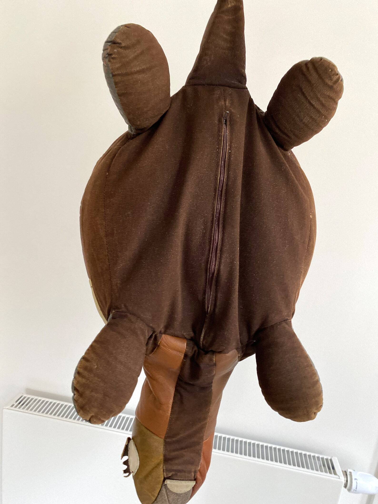 Large vintage leather patchwork turtle cushion / poof, stuffed leather animal, 1970s