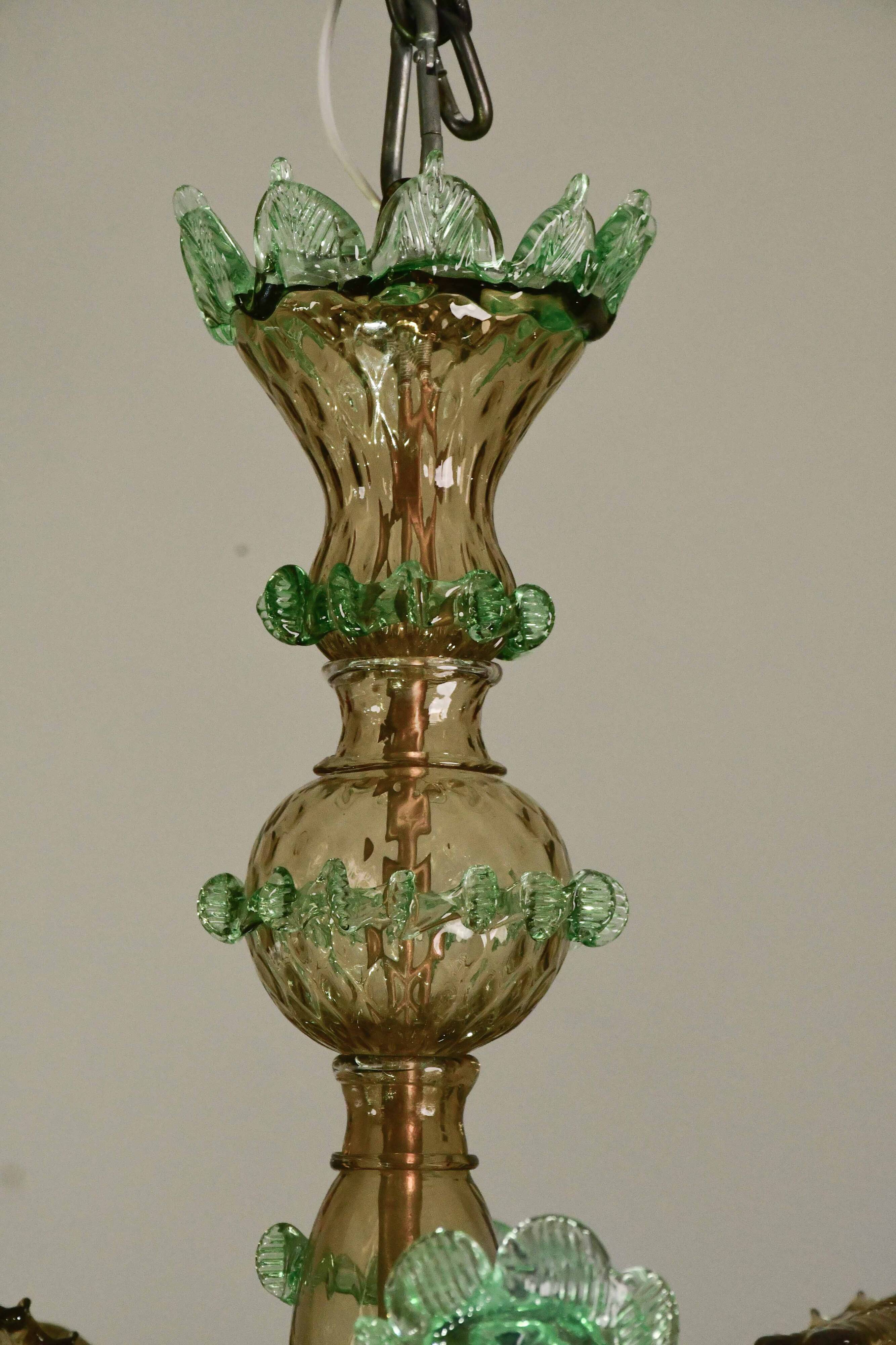 6 arms vintage Venetian chandelier, green Murano glass, 1950s