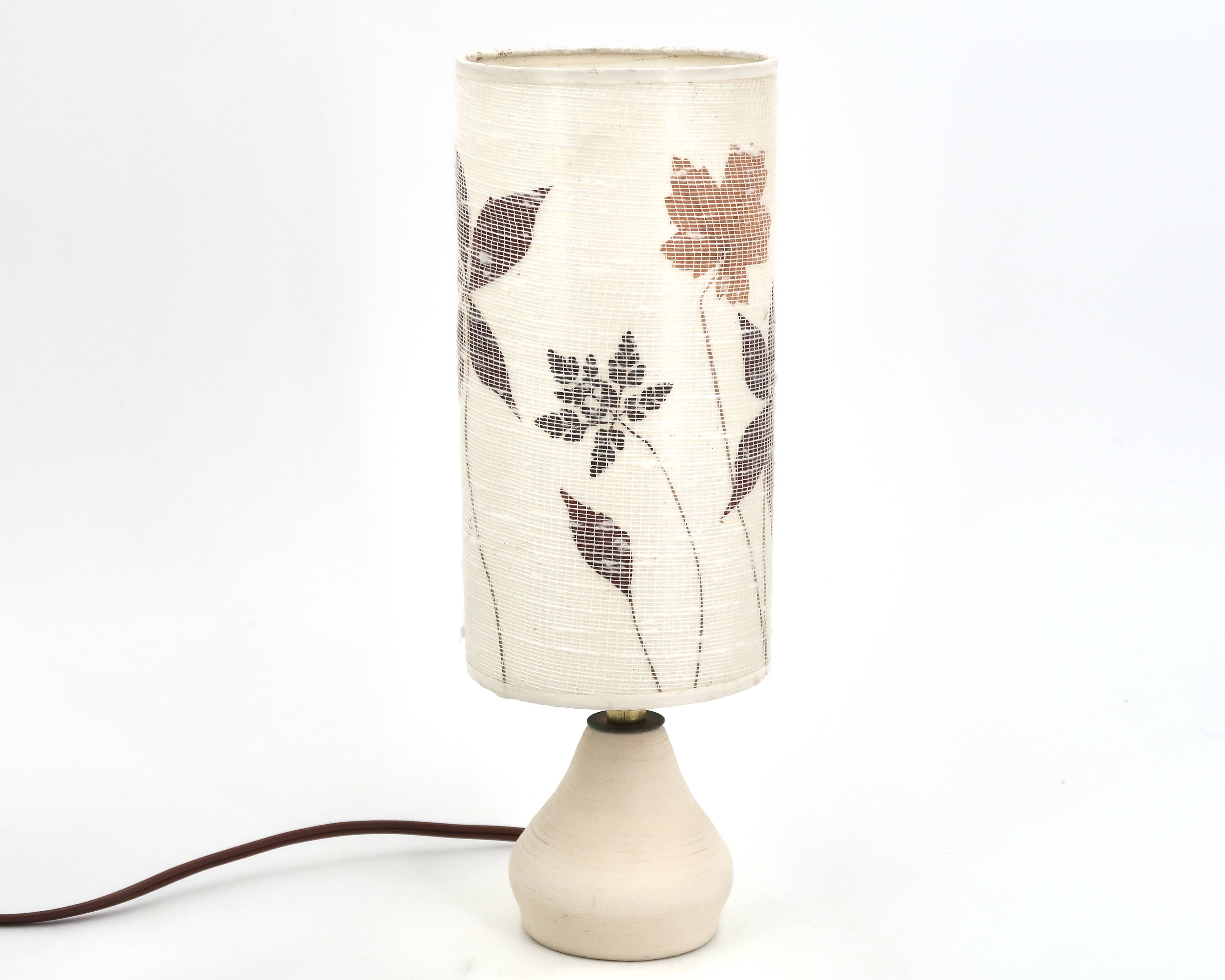 White ceramic lamp, herbarium-style lampshade, 1960s.