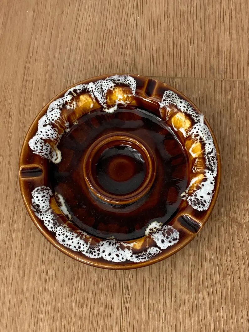 Vintage brown ashtray with drip glaze, 1970s ceramic pottery.