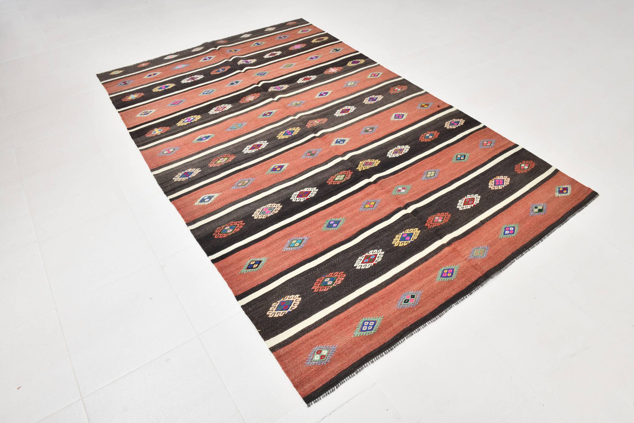 5x9 Red & Brown Striped Pattern Vintage Kilim Rug, 168x264Cm