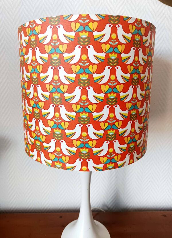 Lampe tulipe, abat-jour oiseaux orange, 1970