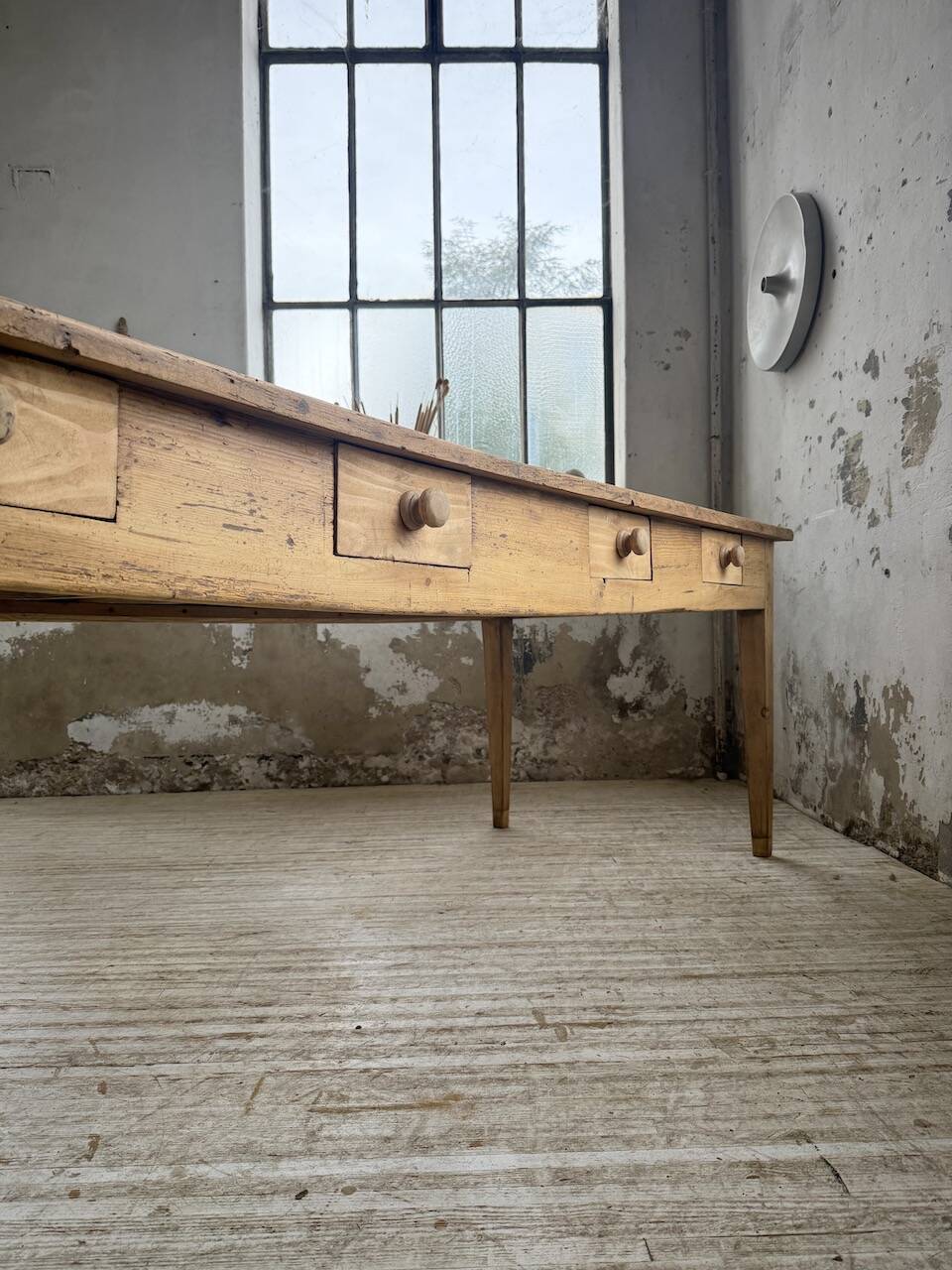 Pine and oak farmhouse table with multiple drawers, communal type, 240cm.