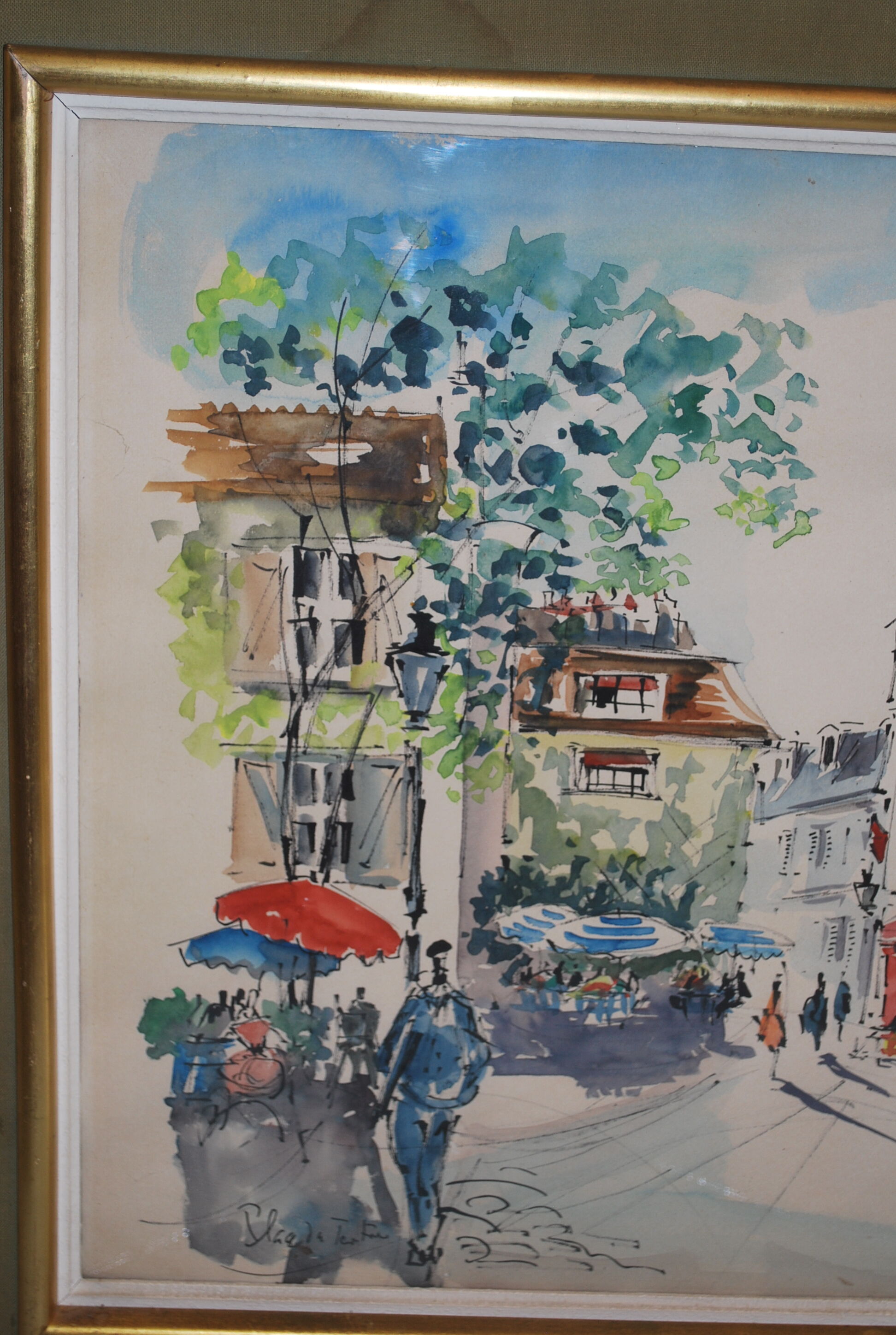Tableau aquarelle Montmartre Place du Tertre Paris signé Guillery