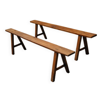 Paire de bancs de ferme en merisier 183 cm.