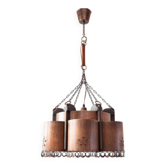 Large Scandinavian copper and wood pendant lamp circa 1970