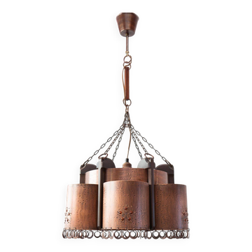 Grande lampe suspension scandinave cuivre et bois vers 1970