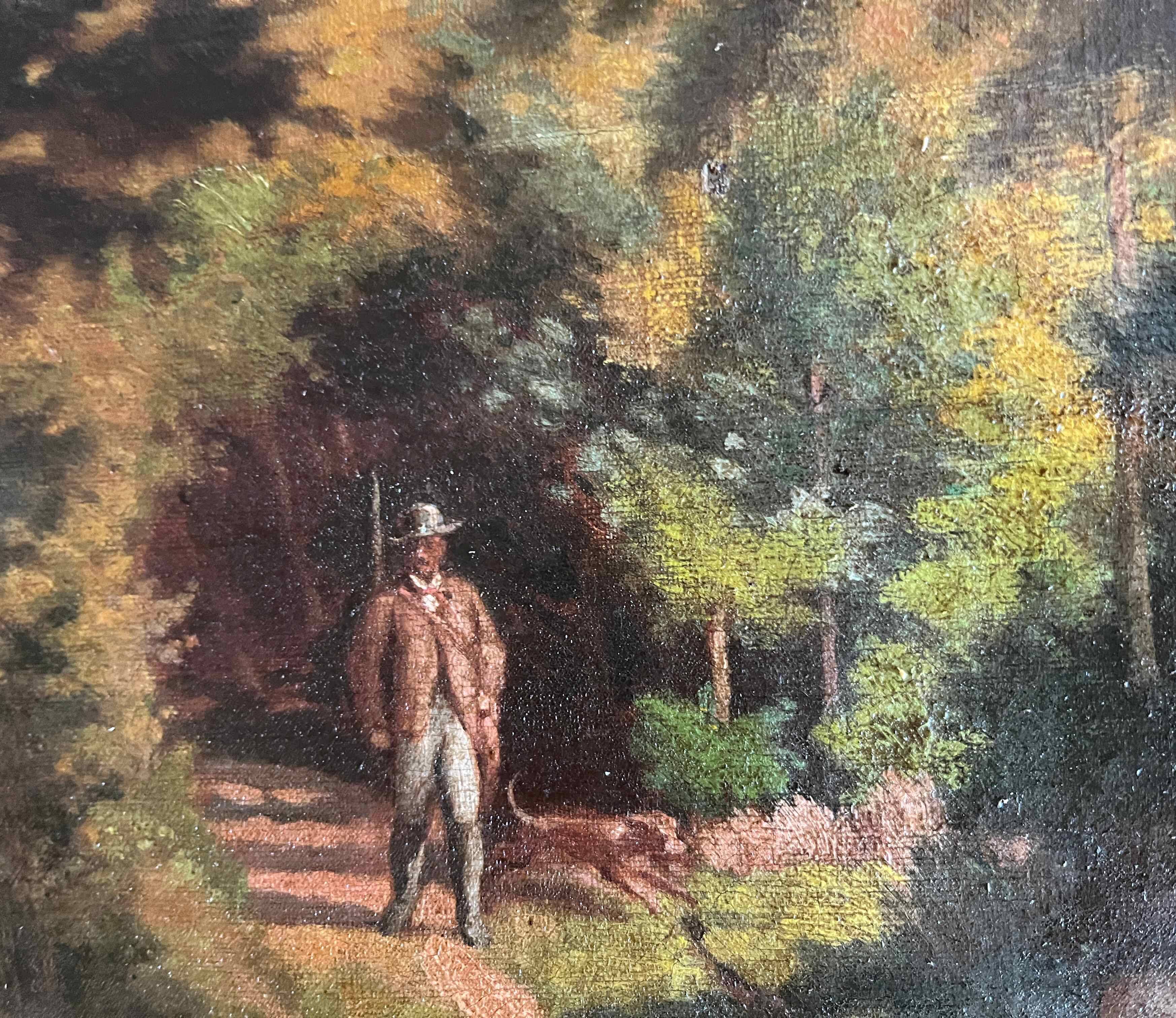 HST painting "Hunter in the forest with his dog" signed 1886 for restoration