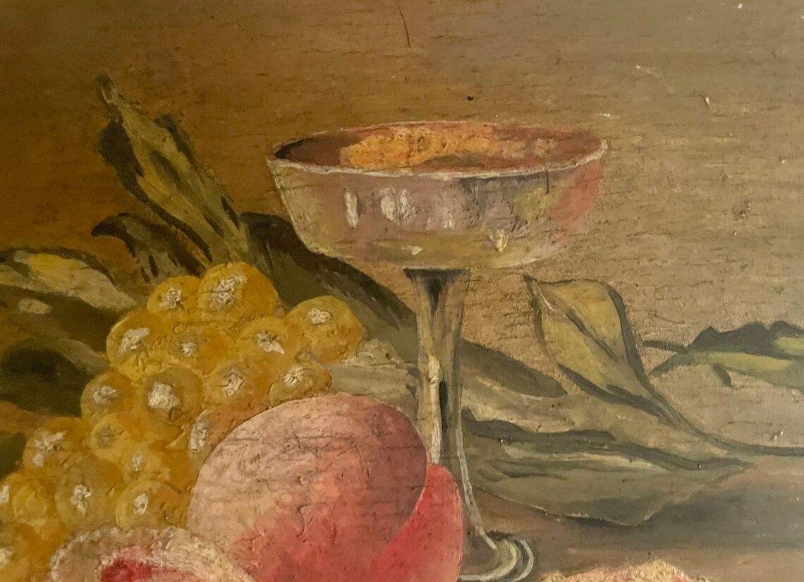 1930s french oil painting on wood, still life with fruits and vegetables