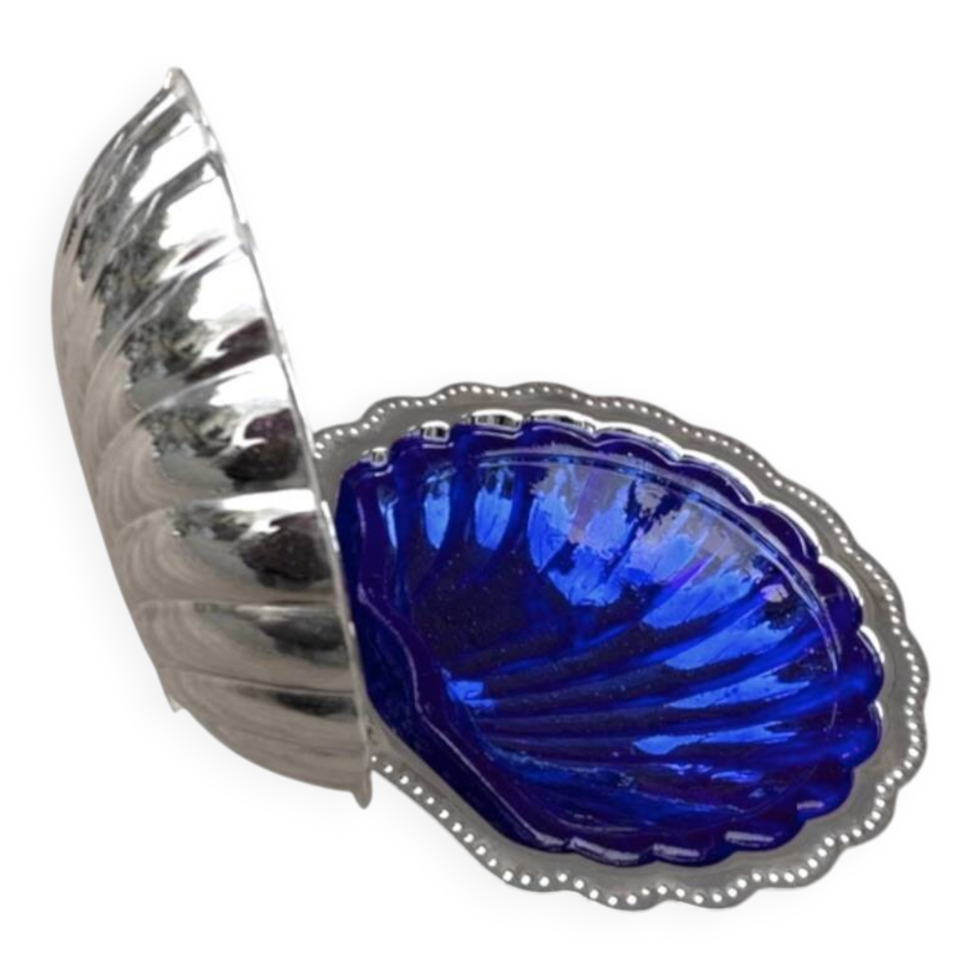 Vintage shell butter dish in stainless steel and cobalt blue glass