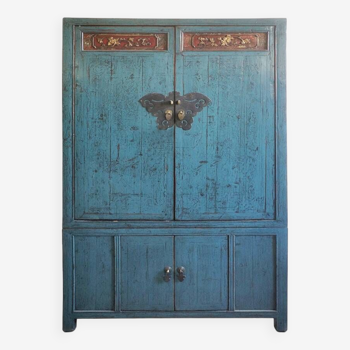 Armoire chinoise ancienne en bois laqué bleu 99cm