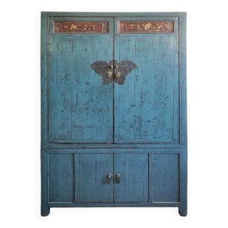 Armoire chinoise ancienne en bois laqué bleu 99cm