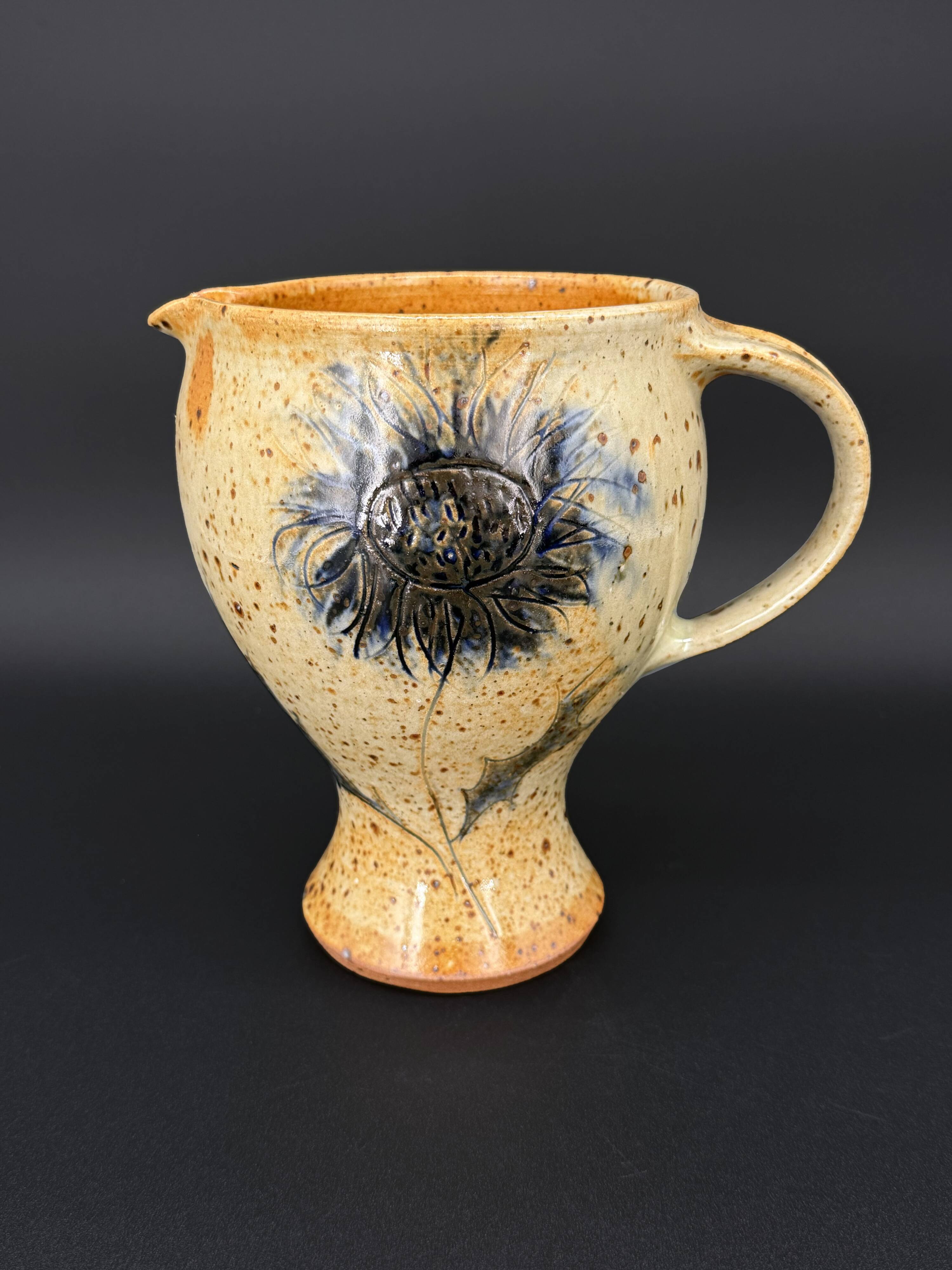 Stoneware pitcher signed Suzanne Dauliach – Incised Floral Thistle Decor