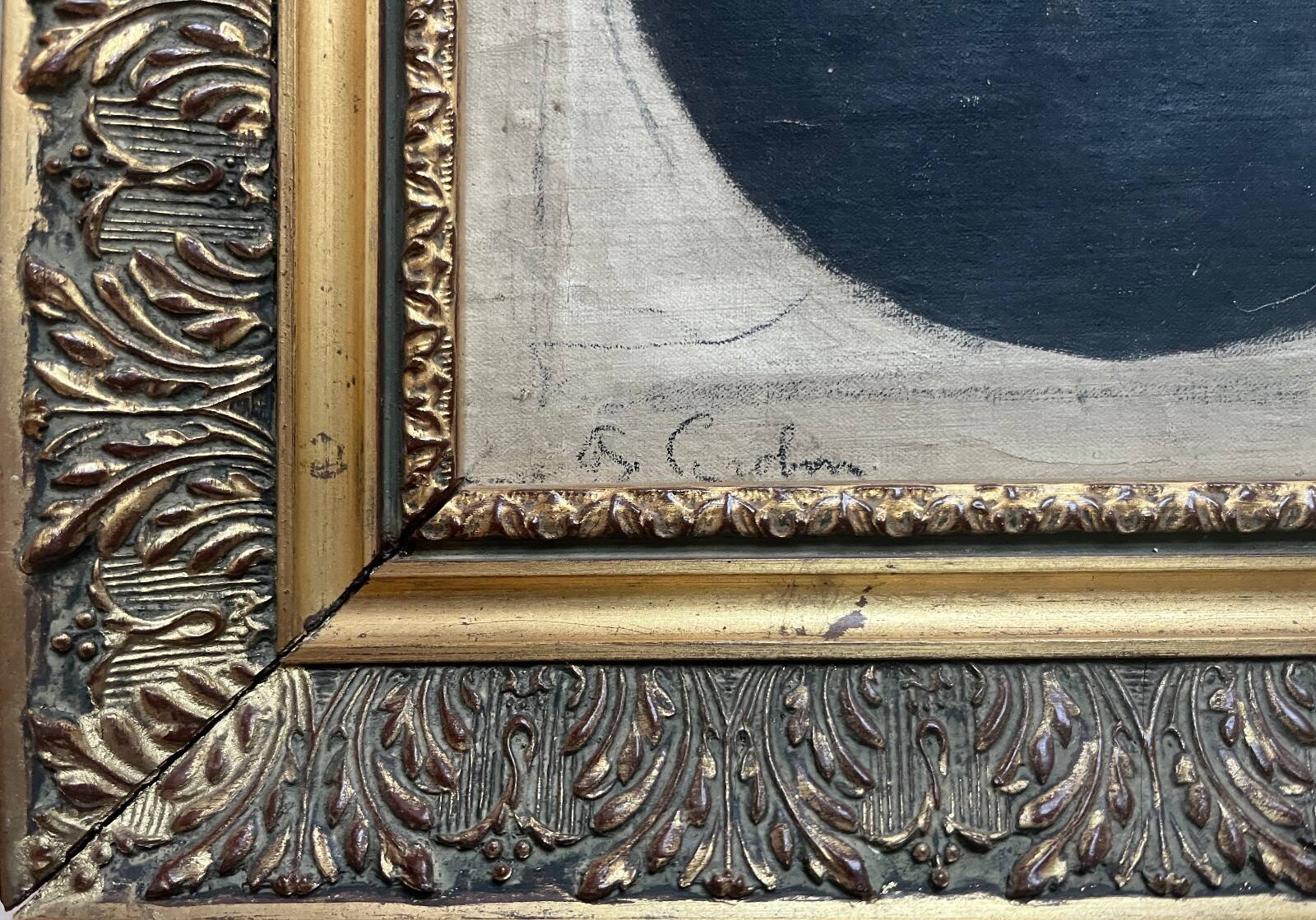 Oil painting on canvas "Portrait of Grandmother" signed + frame, 19th century