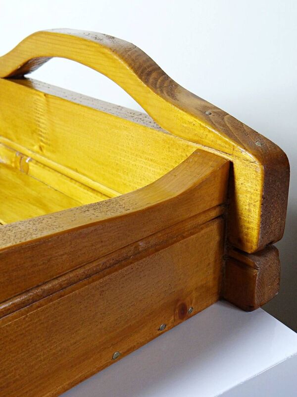 Plateau en bois massif à poignées, artisanat, style rustique, années 60-70