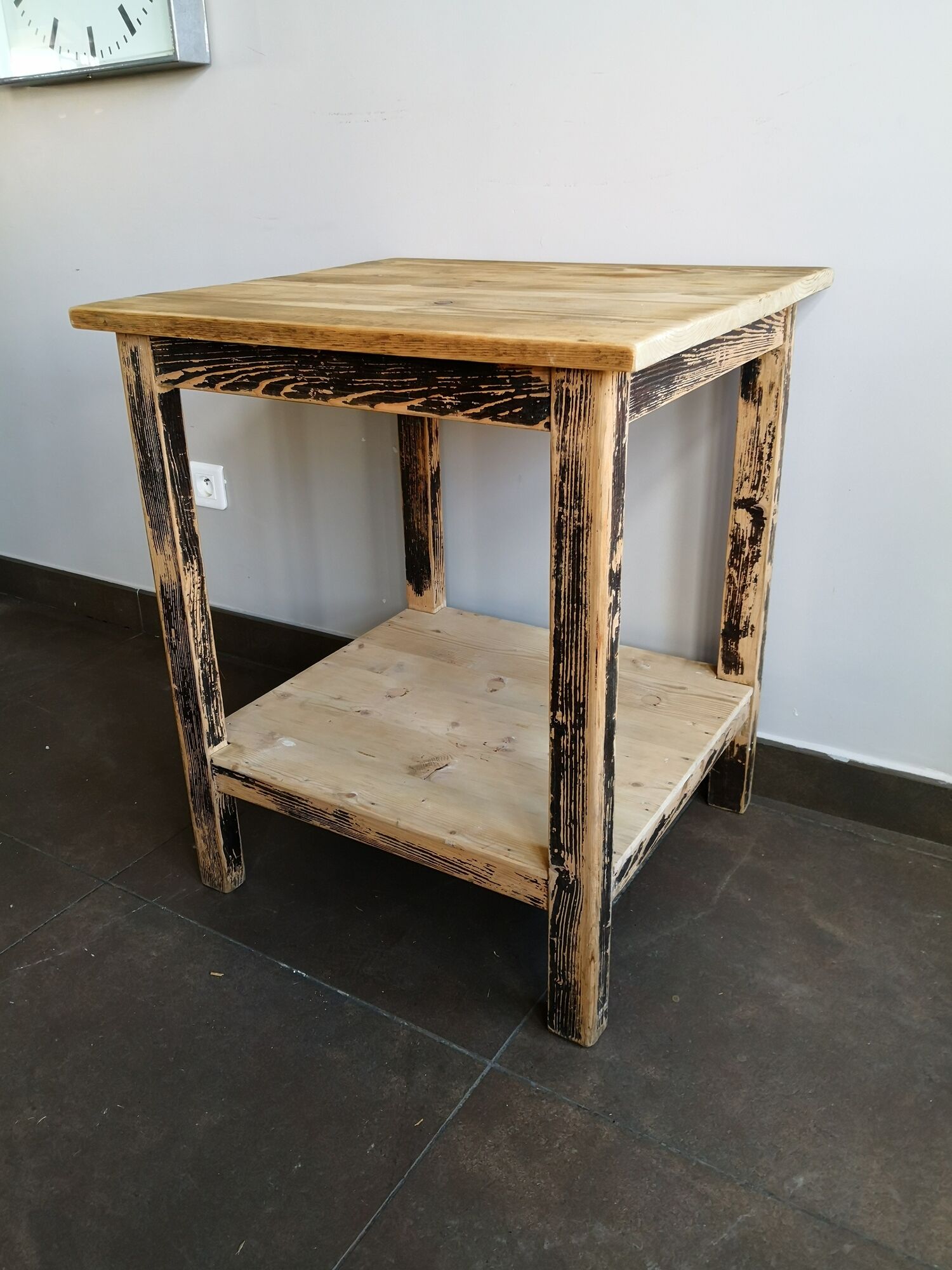 Vintage wooden side table, entrance console, square pedestal table 2 floors.