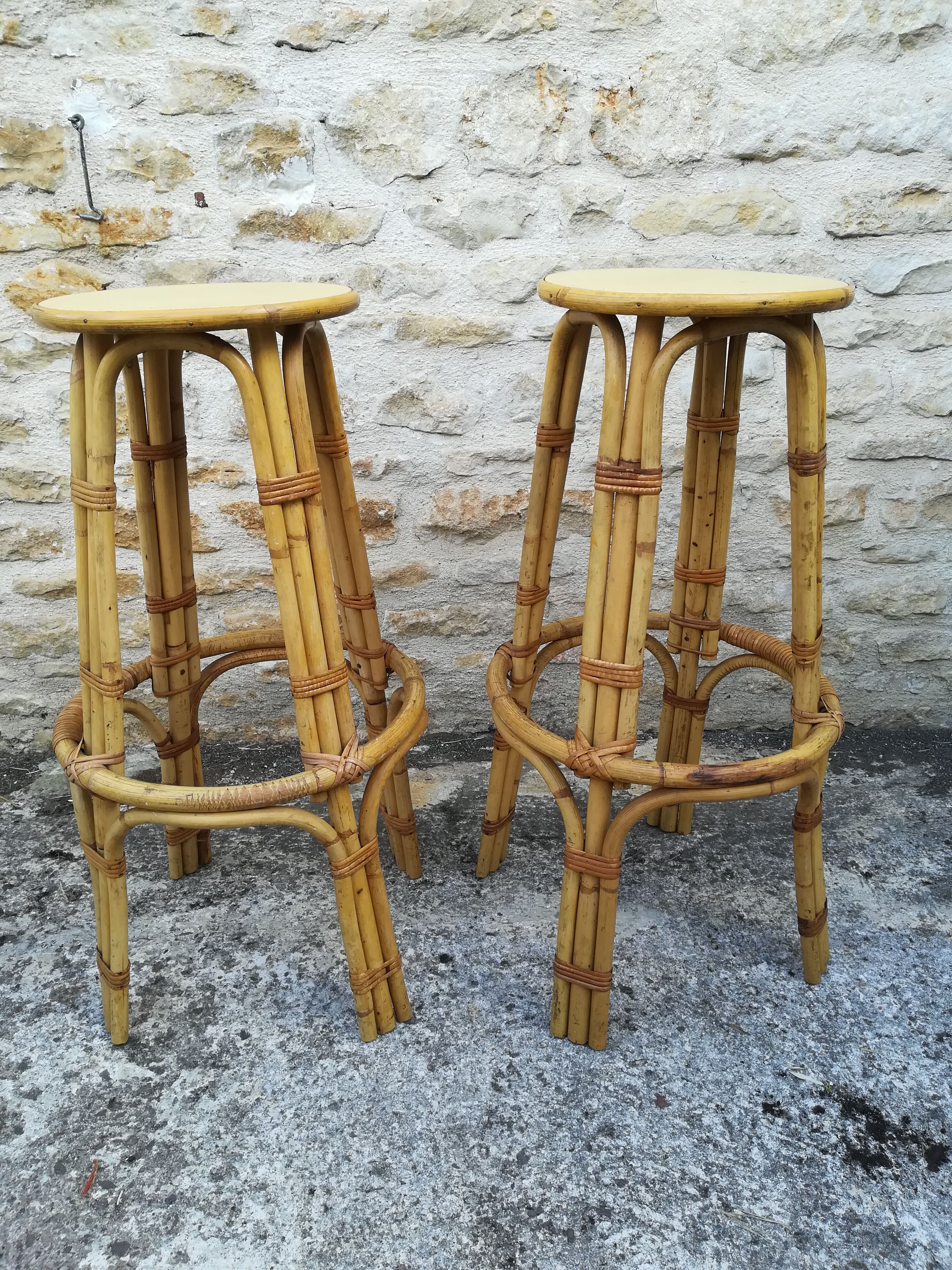Bamboo tiki bar and two stools