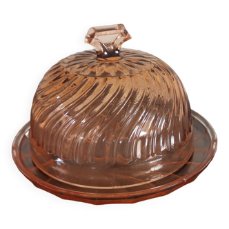 Ancienne cloche à fromage avec son plateau en verre rose