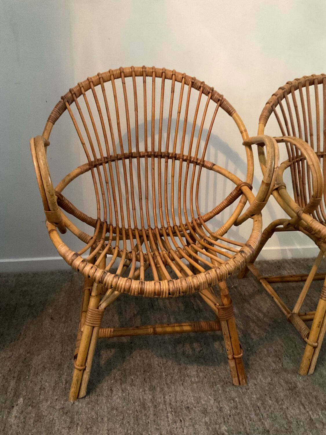 Pair of rattan shell armchairs 60s